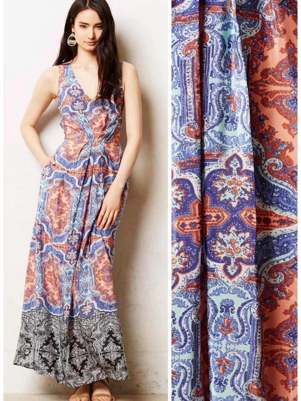 Anthropologie Maeve Silk Medallion Maxi Dress 4 EUC Boho Coastal Chic